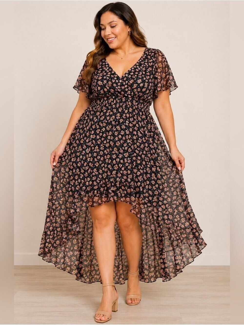 NWT AUW Floral High Low Dress 1X Black Pink Flutter Sleeve